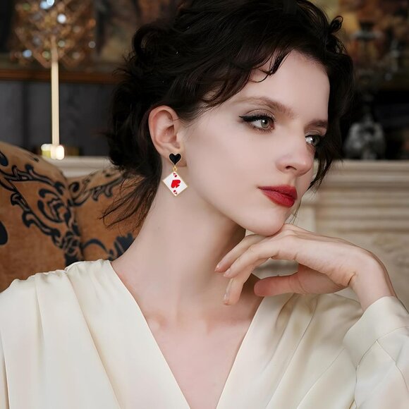 Gold Plated Poker Card Earrings for Women, Fun Playing Card Jewelry Gift - Picture 2 of 7